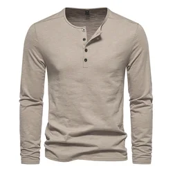 Men's Long Sleeve Cotton Slim Fit Casual Button Neck T - Shirt - S (Khaki)