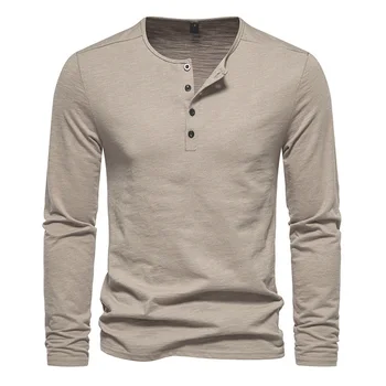 Men Long Sleeved T-shirt Cotton Slim Fit Bottoming Shirt Fitness Tops Tees Button Neck Casual Cozy Tshirt