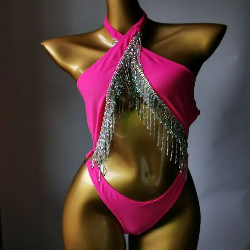 2023 Diamond New Bikini One-piece Swimsuit Cross Tie Silver Tassel Swimsuit Night Club Special Clothing Bodybuilding Performance