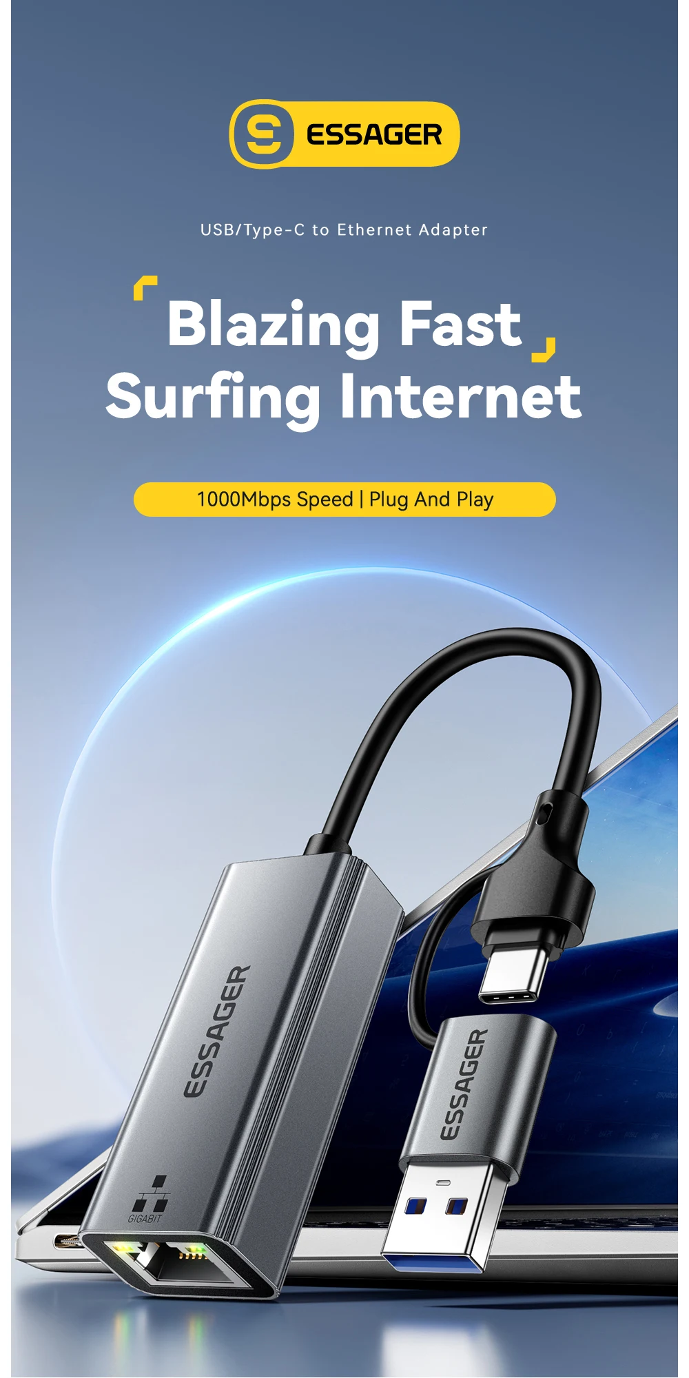 2-in-1 Ethernet Adapter USB-A/Type-C to RJ45 Network Card 1000Mbps Ethernet Giga