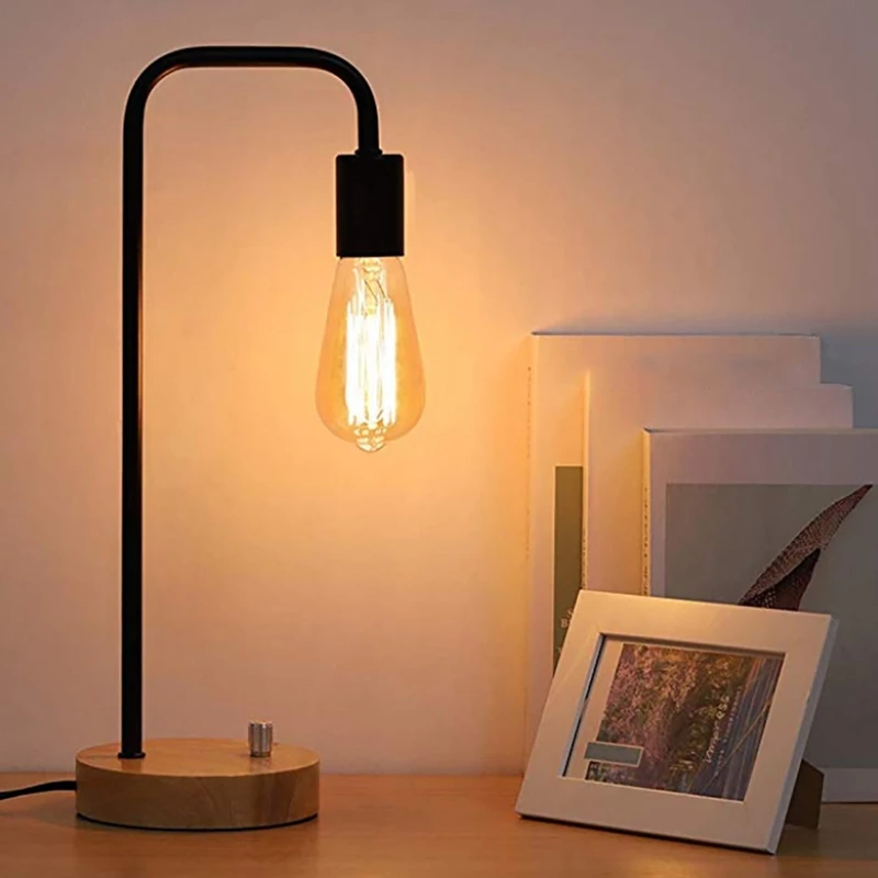 

New Industrial Desk Lamp With Wooden Base Retro Office Lamp For Bedroom Nightstand Reading Lamp Metal Lamp EU Plug