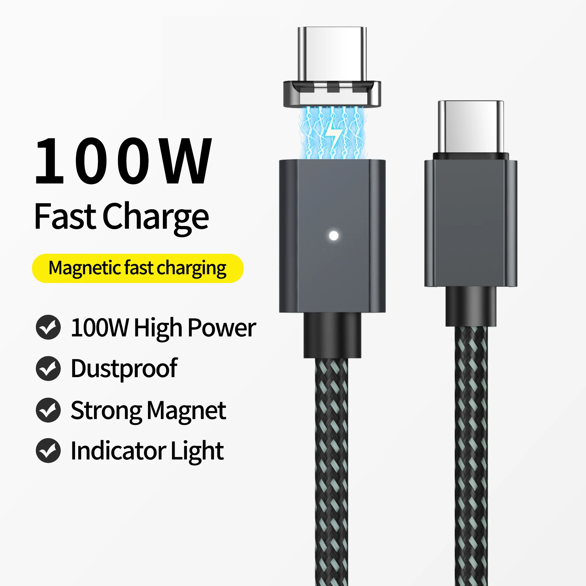 1.5m Magnetic USB-C to USB-C Fast Charging Cable, 100W Power Delivery