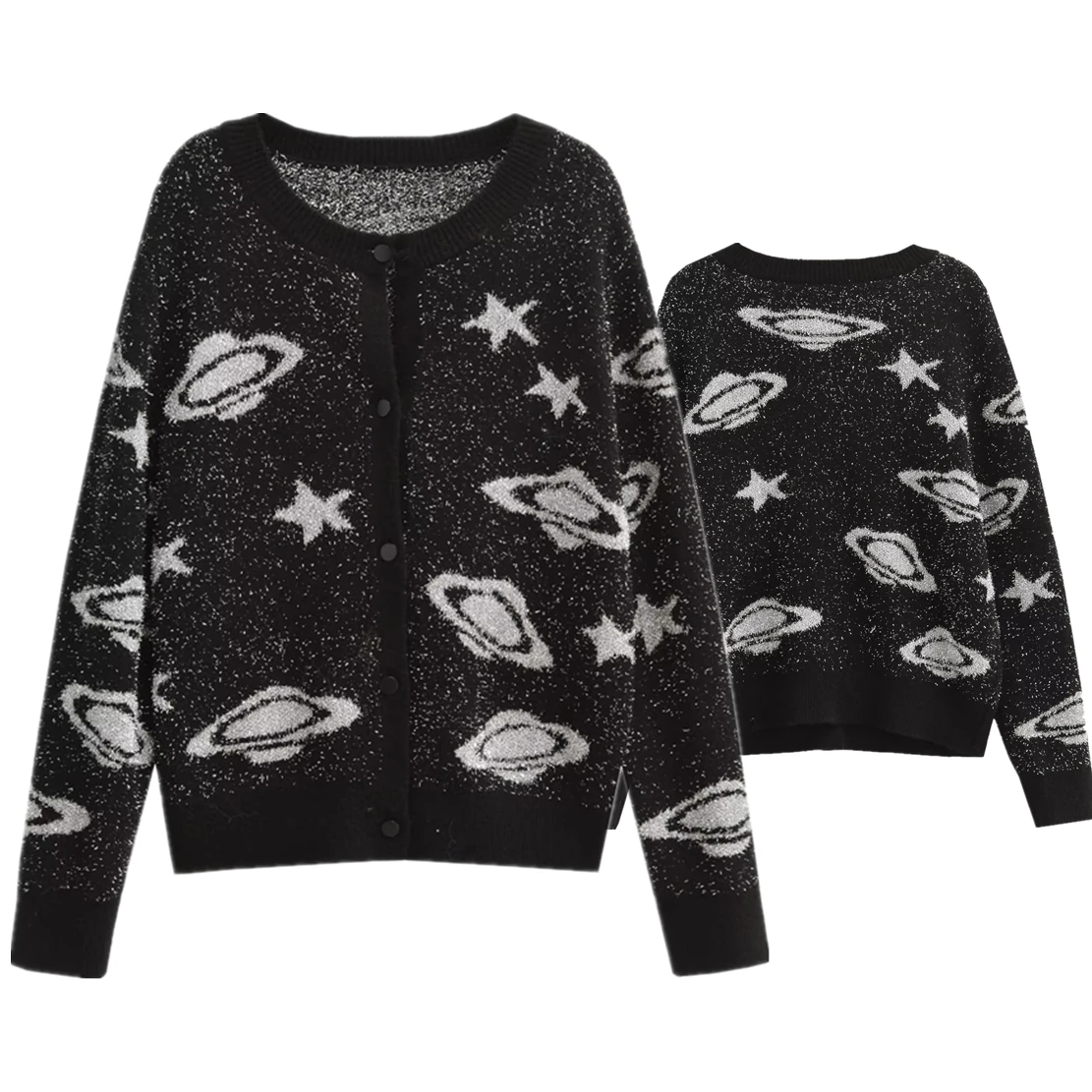

Withered Fashion Women's Single breasted Knitwear Planet Jacquard Autumn Sweater Women Tops