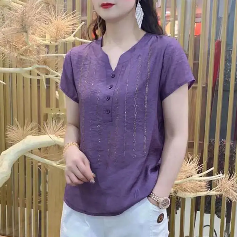 

2023 Summer New Chiffon Blouses Women's Oversized Loose Solid Color V-neck Short-sleeved T-shirt Women's Tops Blusas Mujer De