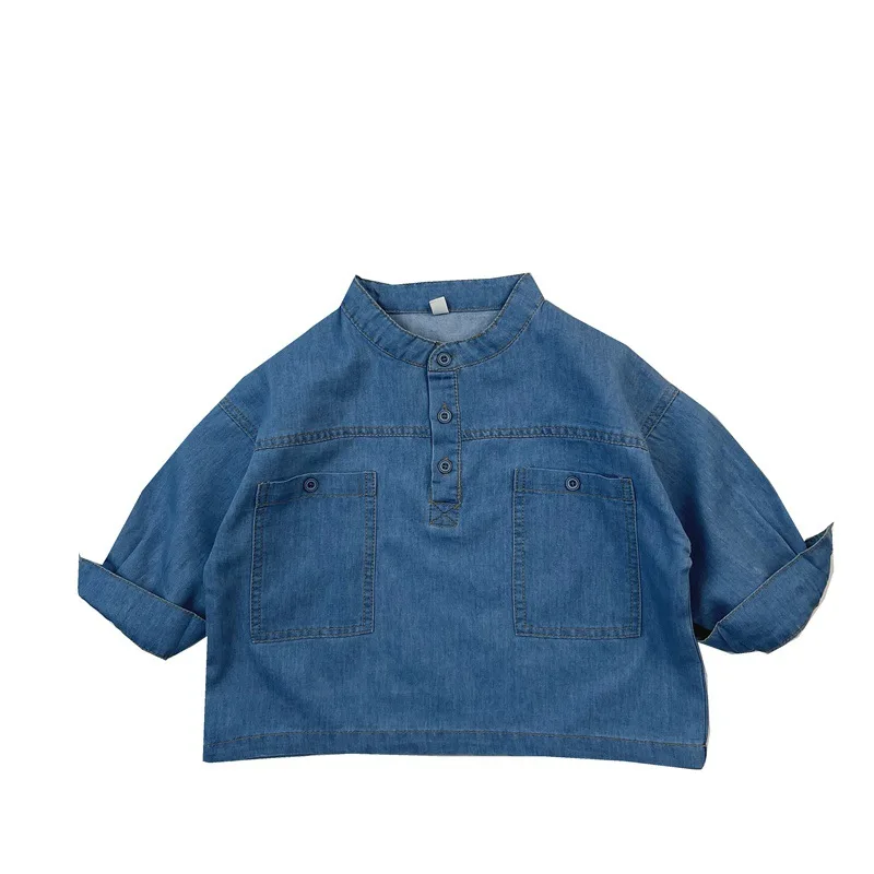 Spring New Boys Girls Denim Shirts Kids Long Sleeve Loose Tops Infant Toddler Casual Large Pocket Shirts Children Clothes