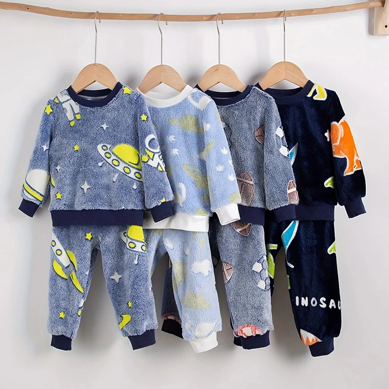 2 pieces/set boys winter plush night fluorescent warm pajamas - Uniqwear