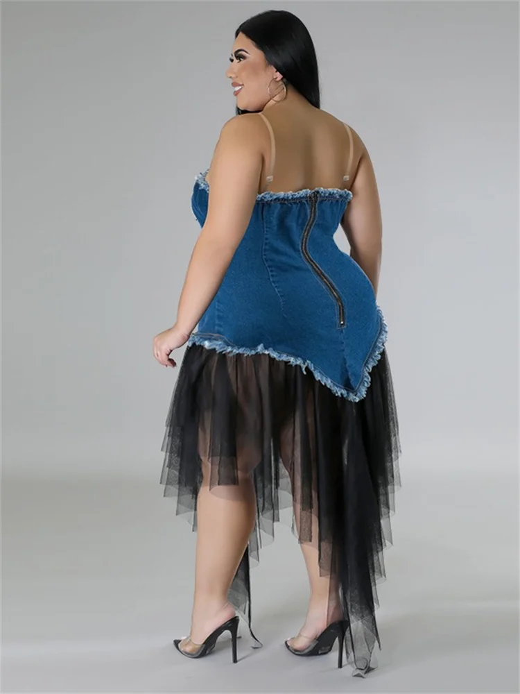 Wmstar Plus Size Denim Dresses for Women Summer Solid Sleeveless Fashion Casual Mesh Patchwork Maxi Dress Wholesale Dropshipping