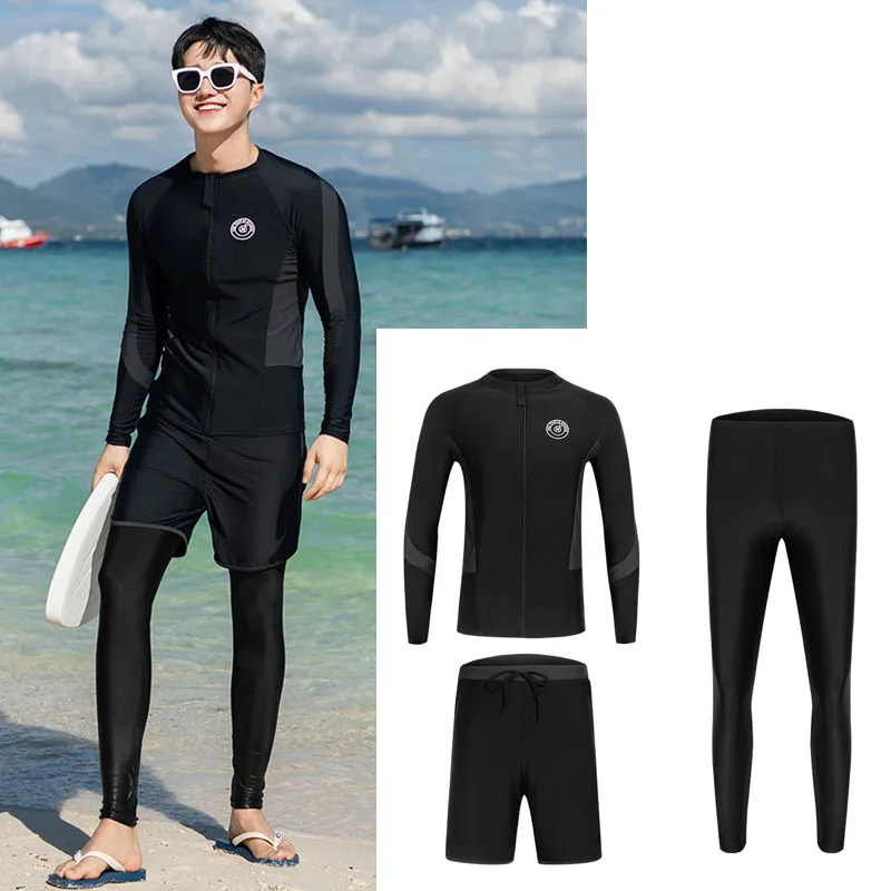 

Men's Rash Guard set of 3 pieces, Swim Shirt+Trunks+Leggings, UV Sun Protection Long Sleeve Bating Suits, Quick Dry Thin Wetsuit