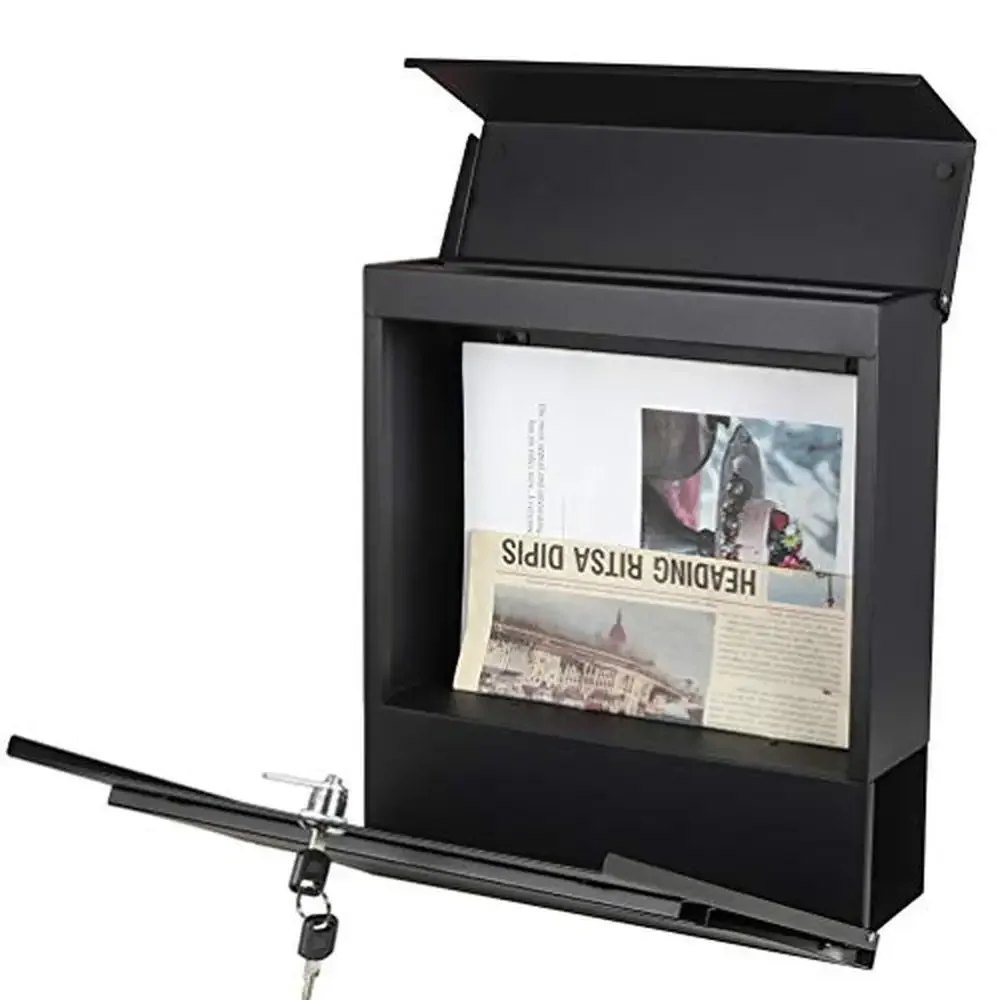 Lockable Wall Mounted Mailbox with Large Capacity and Newspaper Bucket Durable Alloy Steel Construction Waterproof Cover Black
