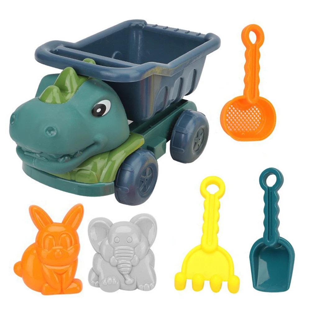 6Pcs Dinosaur Summer Beach Toys with Dump Truck Sand Molds Shovel Set Sand Toys Sandbox Toys for Toddlers Kids Boys Girls 3