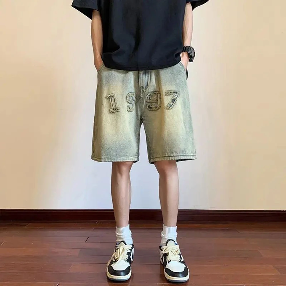 Men's Washed Old Denim Shorts Summer Loose Wide-leg Embroidery Straight Five-point Pants American High Street Hiphop Pants