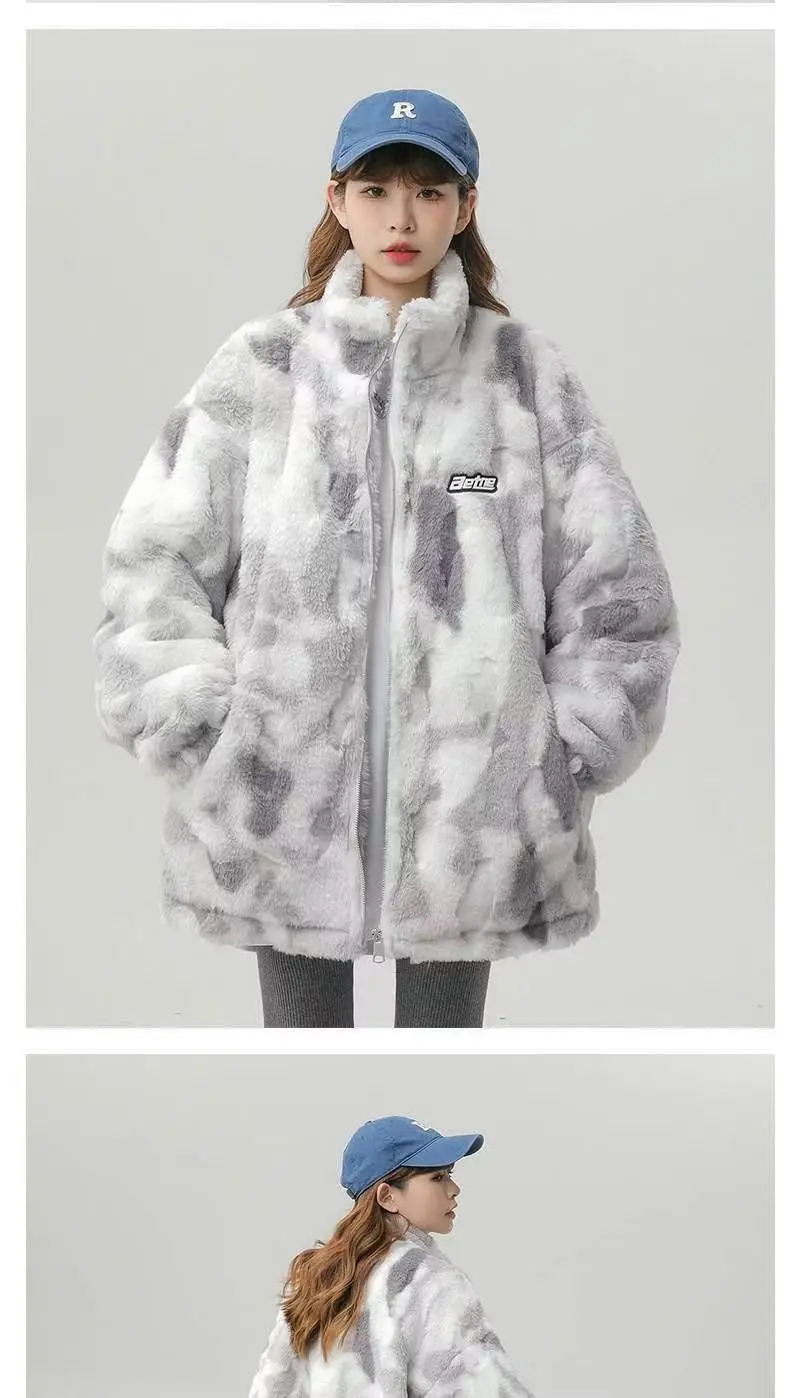 Tie dye Lamb wool Coat 2025 New Winter Trendy Student Cotton Jacket Thicken Loose Stand collar Coats Female Warm Parka Overcoat