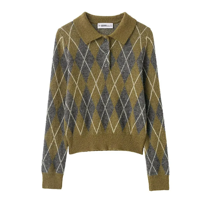 Vintage Casual Chic Women Sweater Argyle Long Sleeve Knitted Pullover Top Fashion 2025 Autumn Winter Short Sweater