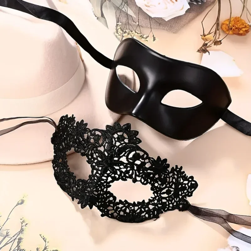 Lace Masquerade Mask 2pcs Black Lace Masquerade Mask Set for Couples Venetian Party Mardi Gras Halloween Celebrations
