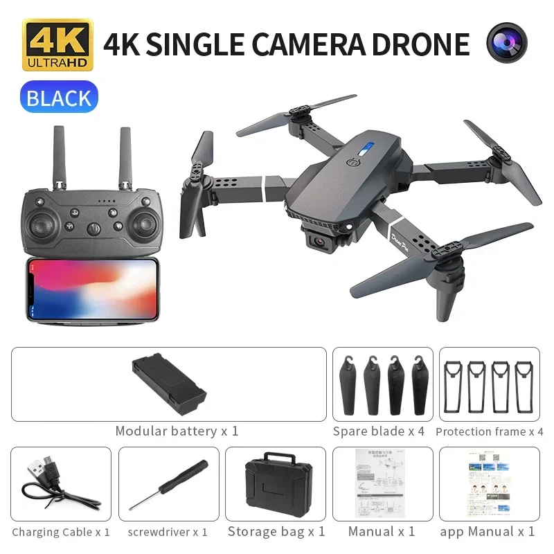 thumbnail image 1 of Professional mini remote control drone E88 4K HD aerial camera WiFi FPV foldable quadcopter RC helicopter Children's toy Gift, 1 of 5