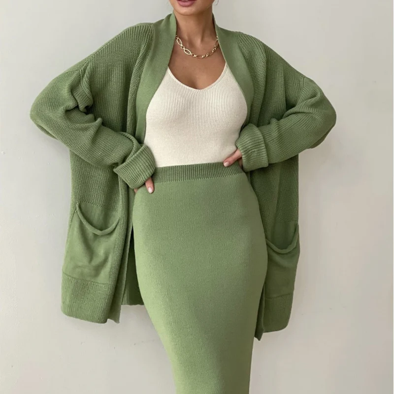 Women's Sweater Set Autumn and Winter New Cardigan Loose Belt High Waist Skirt Fashion Knitwear