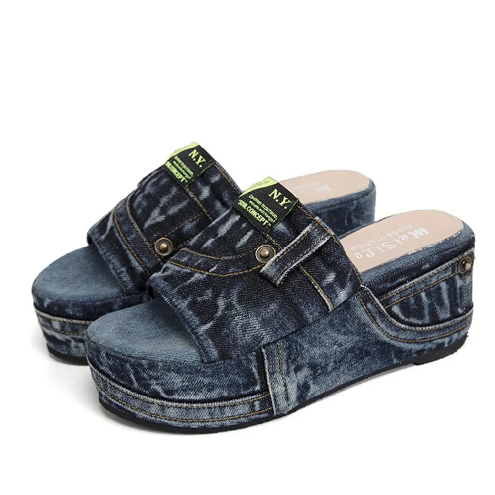 Women's Denim Platform Sandals Casual Wedges Heeled Summer Slides_voghion.com