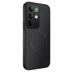 Light Luxury Magnetic Carbon Fiber Textured Leather Shockproof Bumper Case Cover for Realme C85 Pro (Black)