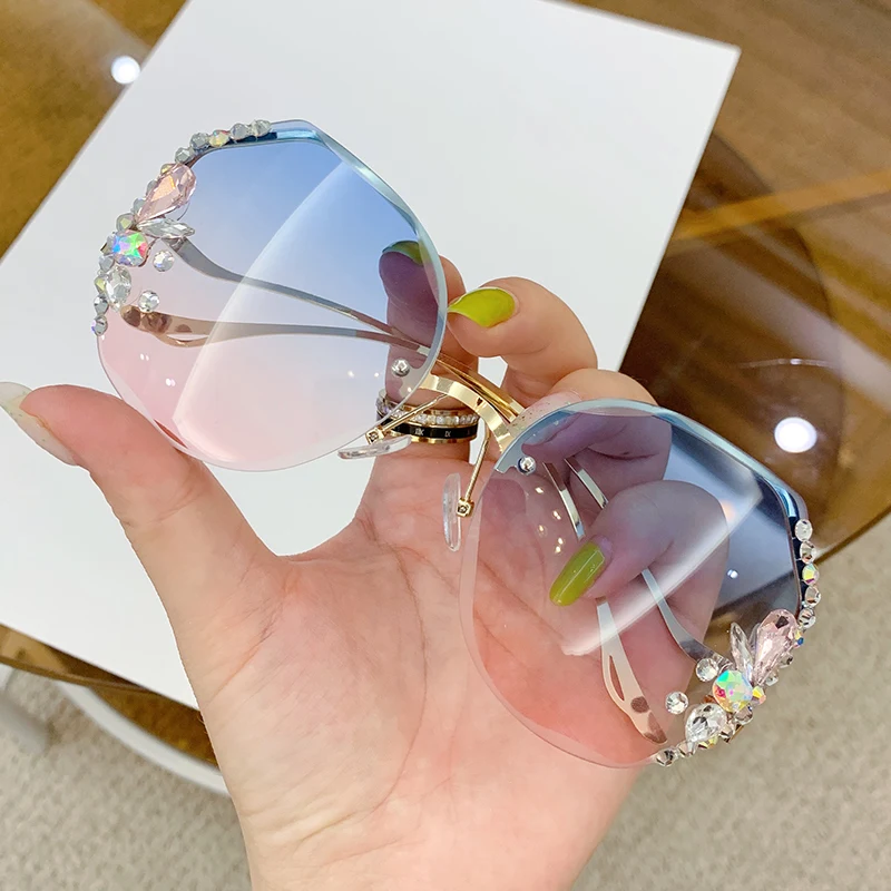 Women’s New Diamond-encrusted Sunglasses Rimless Cut Edge Sunglasses Big Face Slimming Sunglasses Best Sellers In Accessories