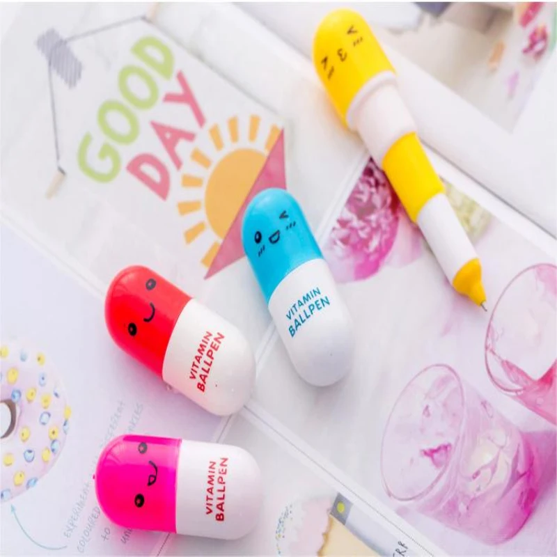 6 Pcs Pill Shaped Pens Retractable Ball Pens Vitamin Capsule Pens Vitamin Pill Smiling Face Pen Nurses School Office Supplies