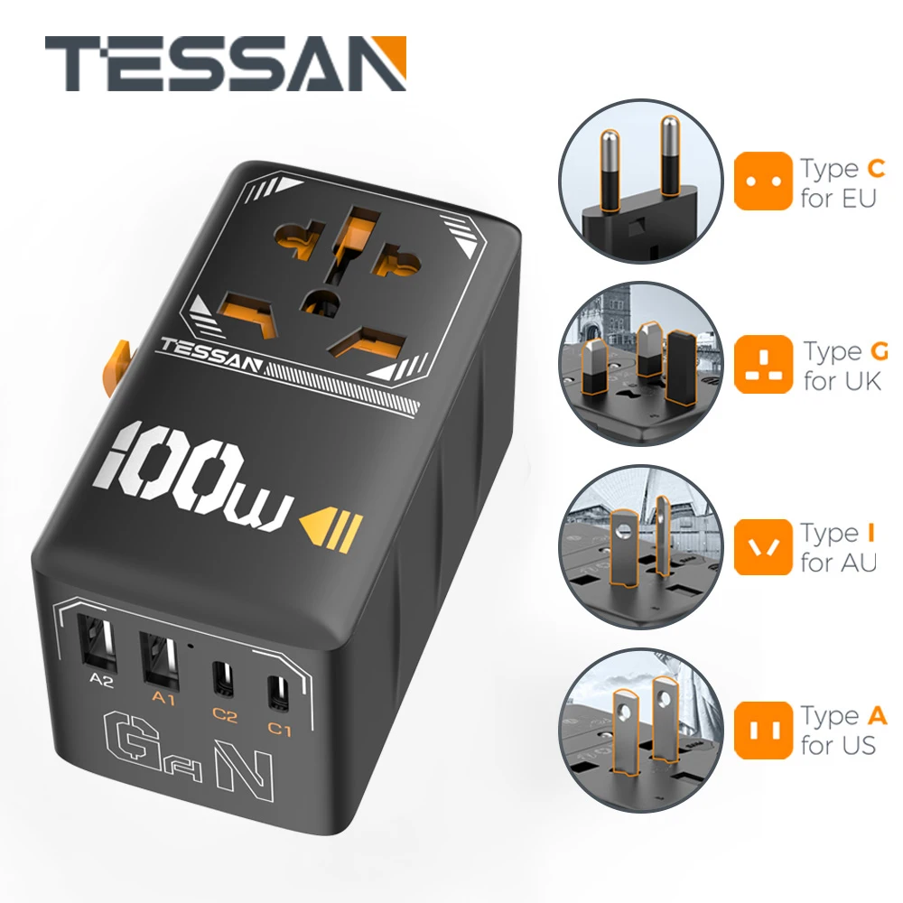 

Адаптер TESSAN для путешествий 100 Вт, универсальный адаптер питания с двумя USB-портами и 2 USB-портами типа C