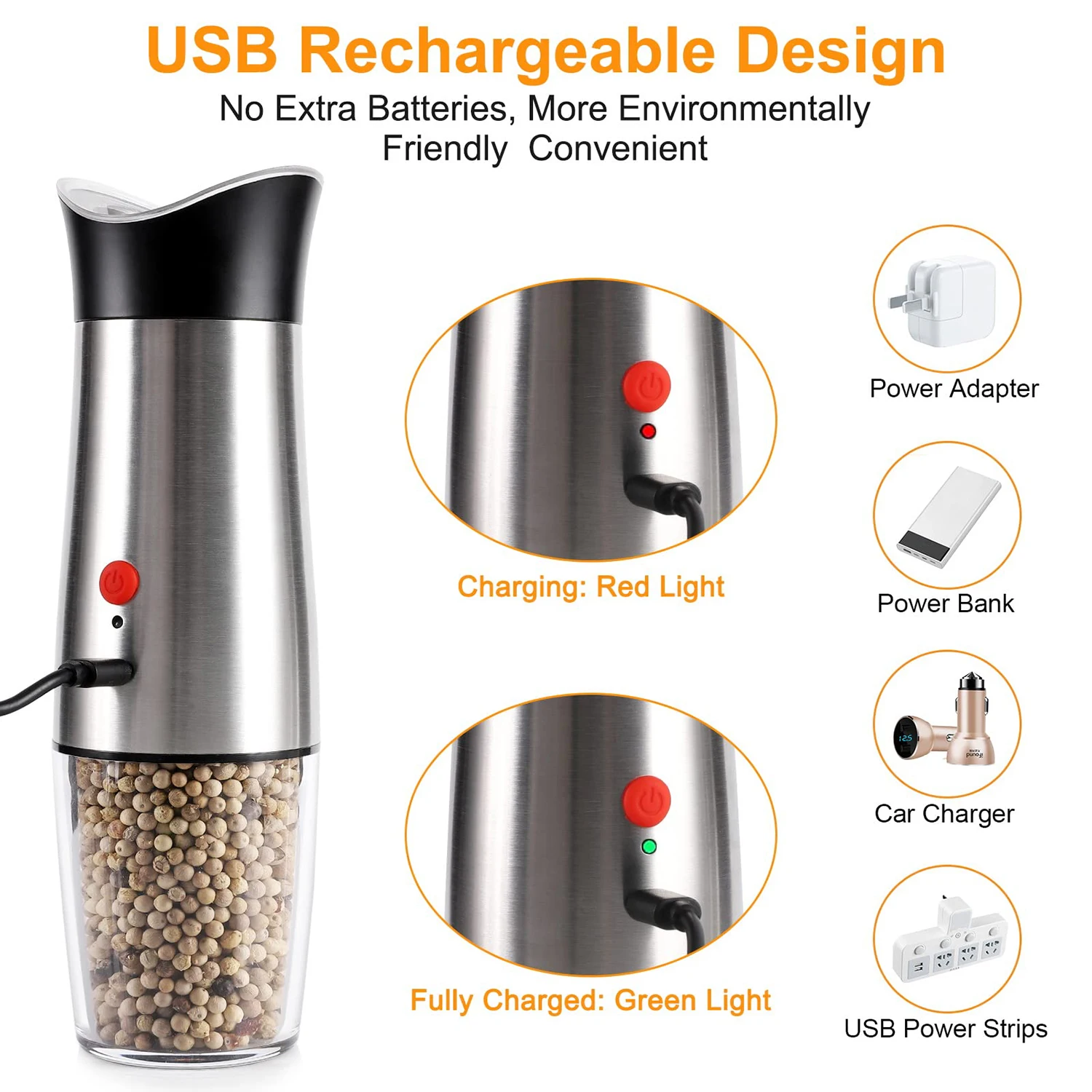 salt and pepper grinder USB Charging Salt and Pepper Grinder Set Gravity Operation Spice Seasoning Mill Shaker Adjustable Coarseness Stainless Steel