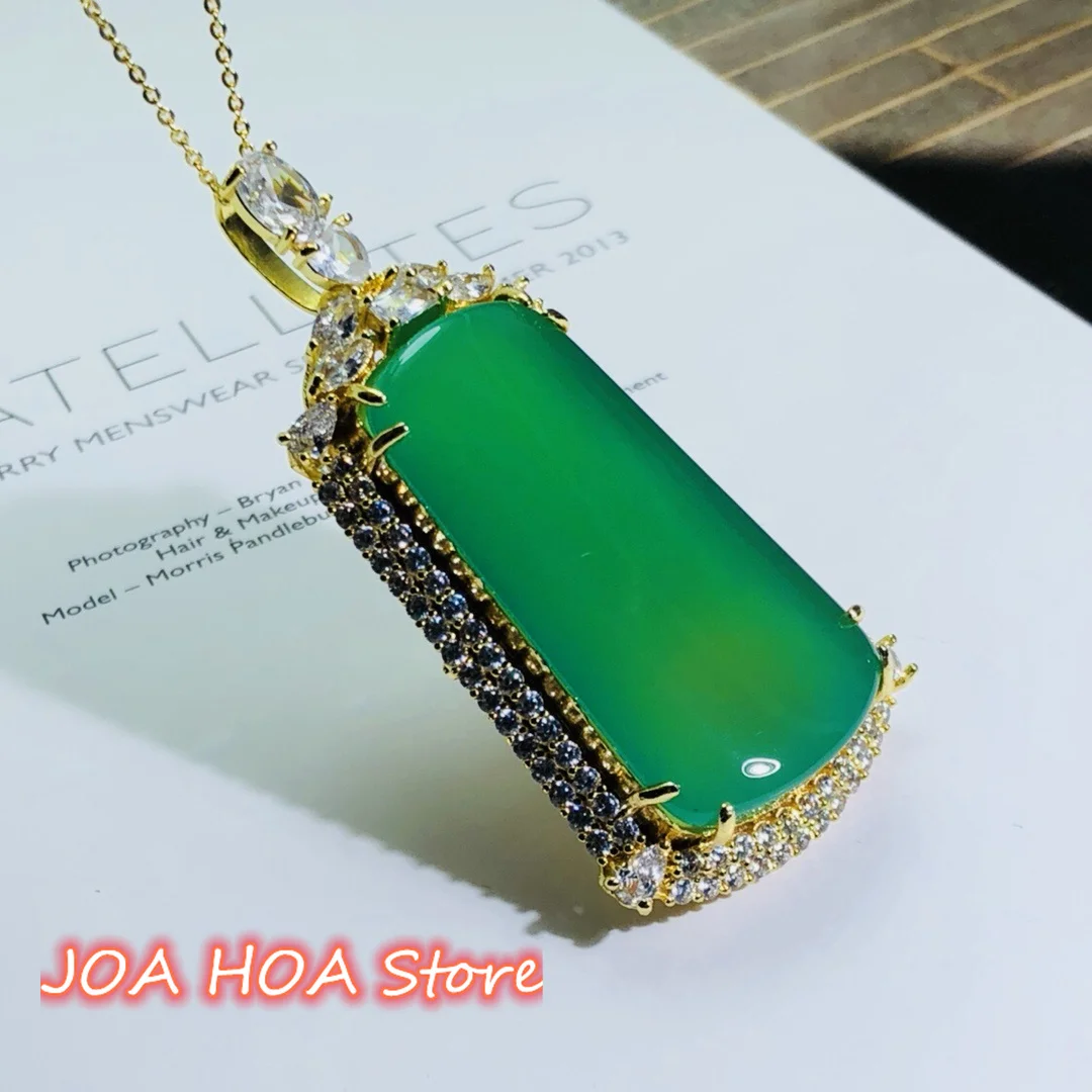 

Quality Jewelry 925 Silver Gold Plated Inlaid Chalcedony Agate Chain Neck Accessory Icy Green Flawless Jade Necklace Pendant