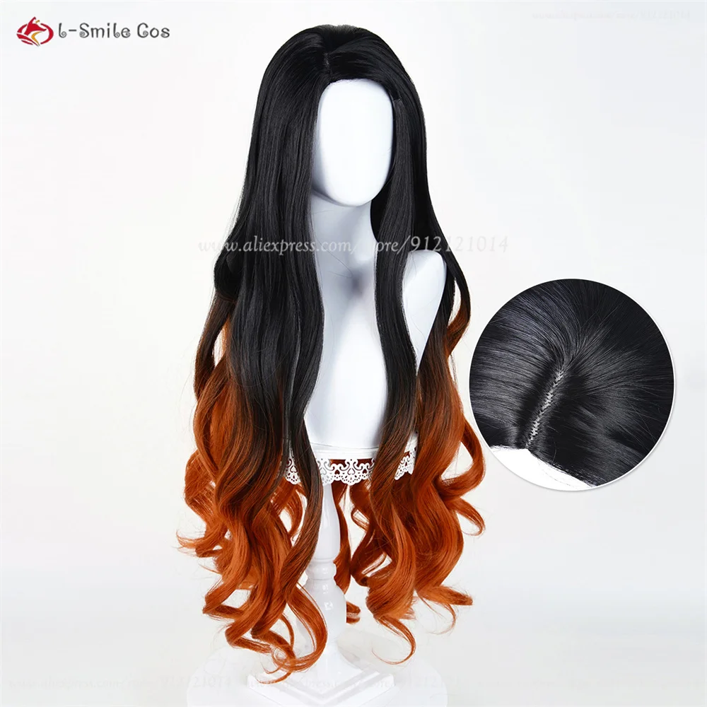 Kamado Nezuko Cosplay Perücke 100cm Gradient Curly Heat Resistant Synthetik Haar Anime Halloween 6