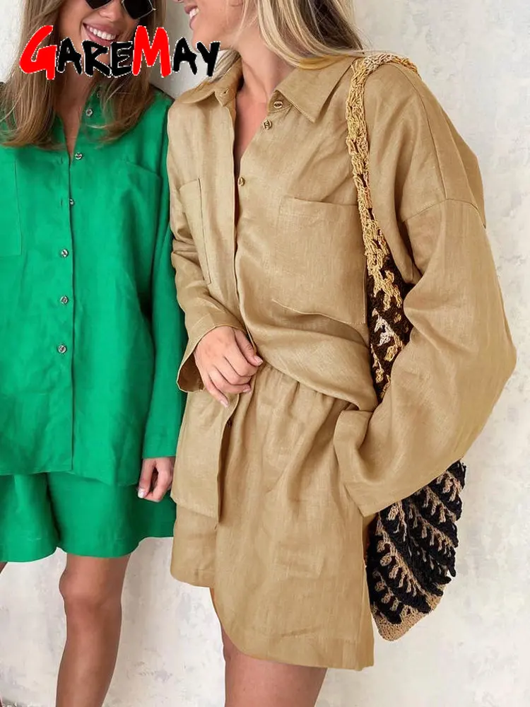 Women's Summer Suit Shirt and Shorts Long Sleeve Top Oversize Twopiece Set Loose Cotton Linen