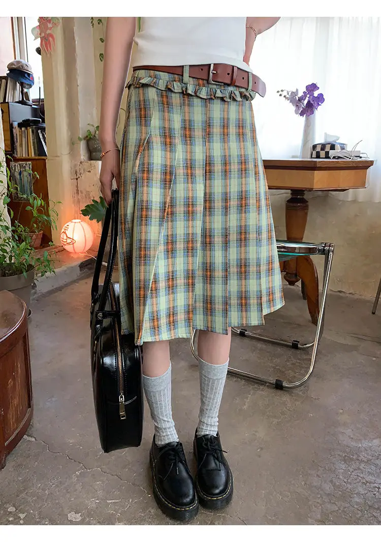 Pleated Midi Skirt Plaid High Waist Preppy Style  Casual Streetwear Fashion Daily Korean Summer Chic A-Line Women Cltohes