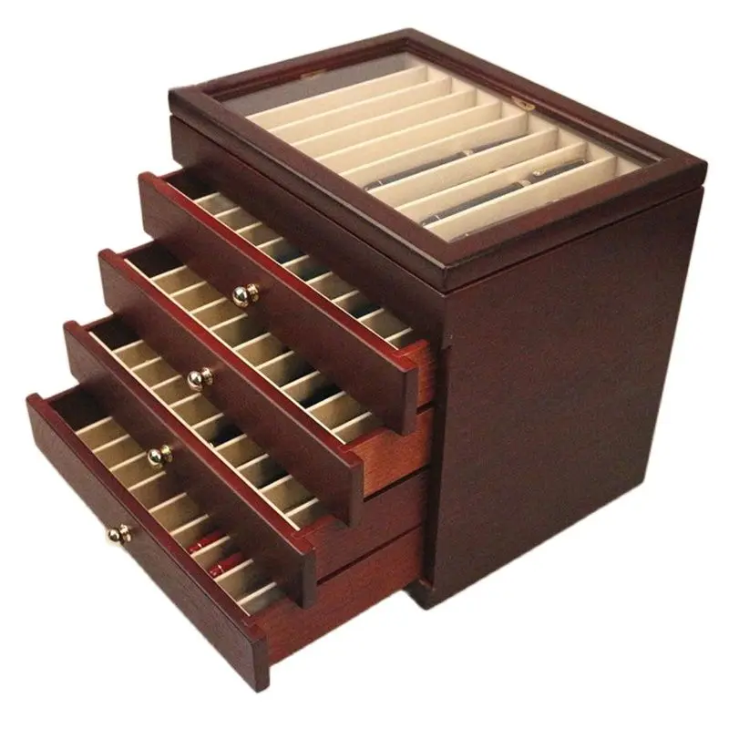 Wooden Pen Display Storage Case, 50 Pens Capacity, Fountain Pen Collector Organizer Box With Transparent Window