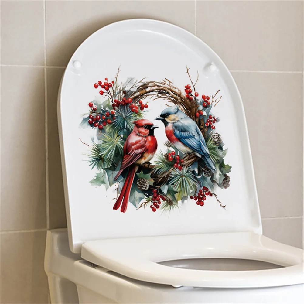 Toilet Stickers Christmas Bird Wreath DIY Removable Self-Adhesive PVC Toilet Decals For Bathroom Restroom Power Switch Decor