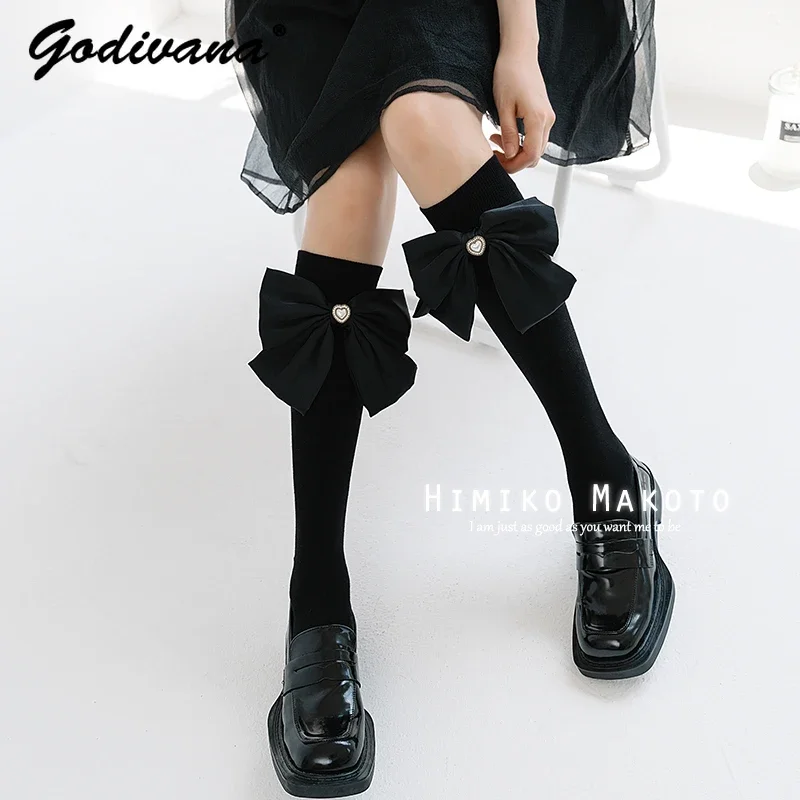 

Big Bow Cotton Calf Socks Flower Sequins Black White Knee Length Socks Korean Thigh High Long Socks Students JK Lolita Stocking