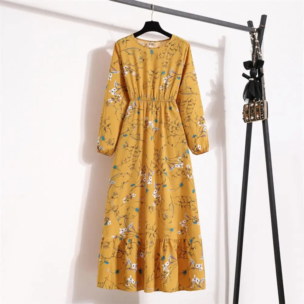 

Women A-line Dress Floral Print A-line Dress Women's O-neck Maxi with Elastic High Waist Loose Hem Chic for Fashionable