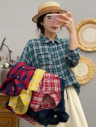 Women 100% Cotton Yarn Checkered Blouse Mori Girl Japan Fashion Long Sleeve Plaid Tops for Women 2024 Spring Shirts