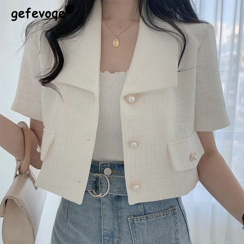 Spring Autumn Polo-neck Elegant Buttons Coat Female Short Sleeve Simple Buttons Blazers Women's Casual Fashion All-match Jacket fashion women elegant blazers white coat double breasted v neck buttons jacket office wear female casual outwear top blusas 2021