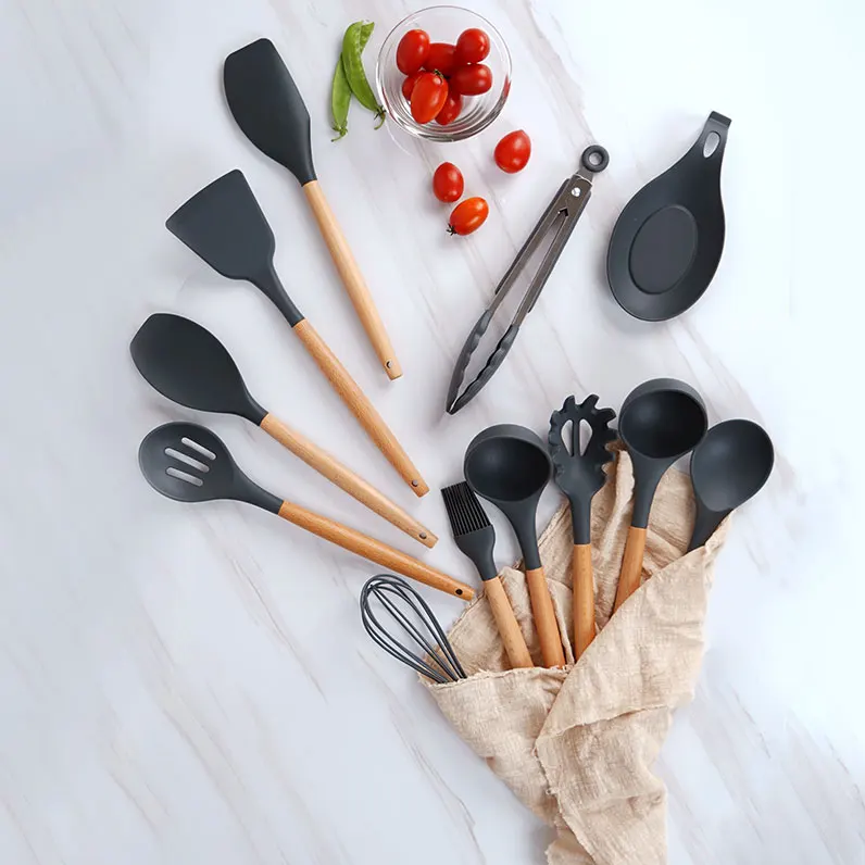 AJOYOUS Kitchenware Tool Cooking Utensils Set Black Non-Stick Cookware Silicone Spatula Ladle Egg Beaters Shovel Accessories