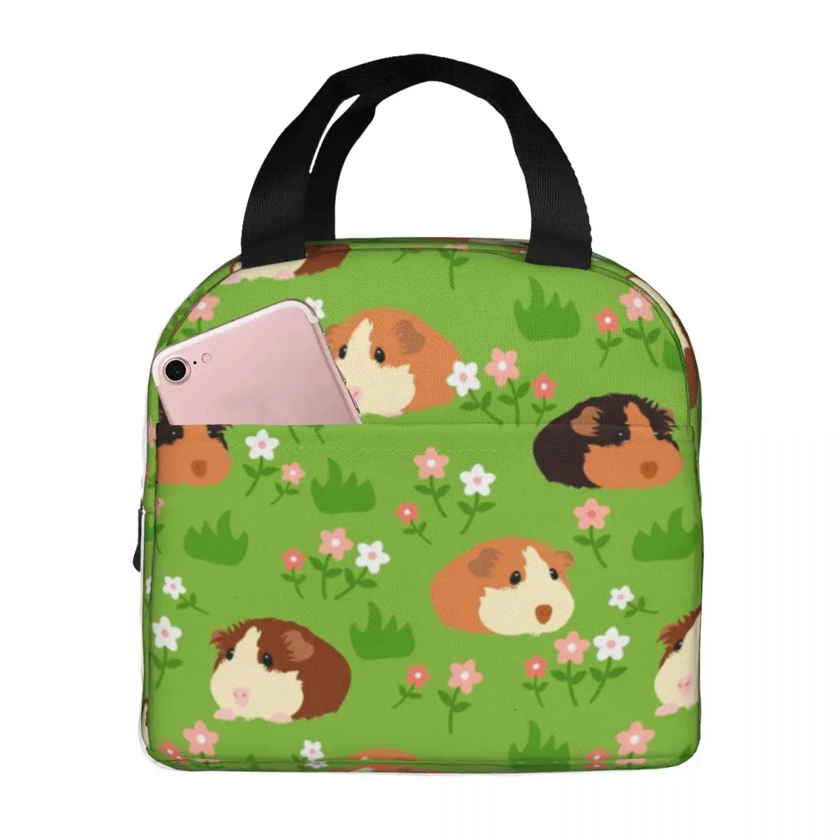 

Lunch Bag for Women Kids Guinea Pig And Flowers Green Insulated Cooler Bags Portable Picnic Canvas Lunch Box Food Storage Bags