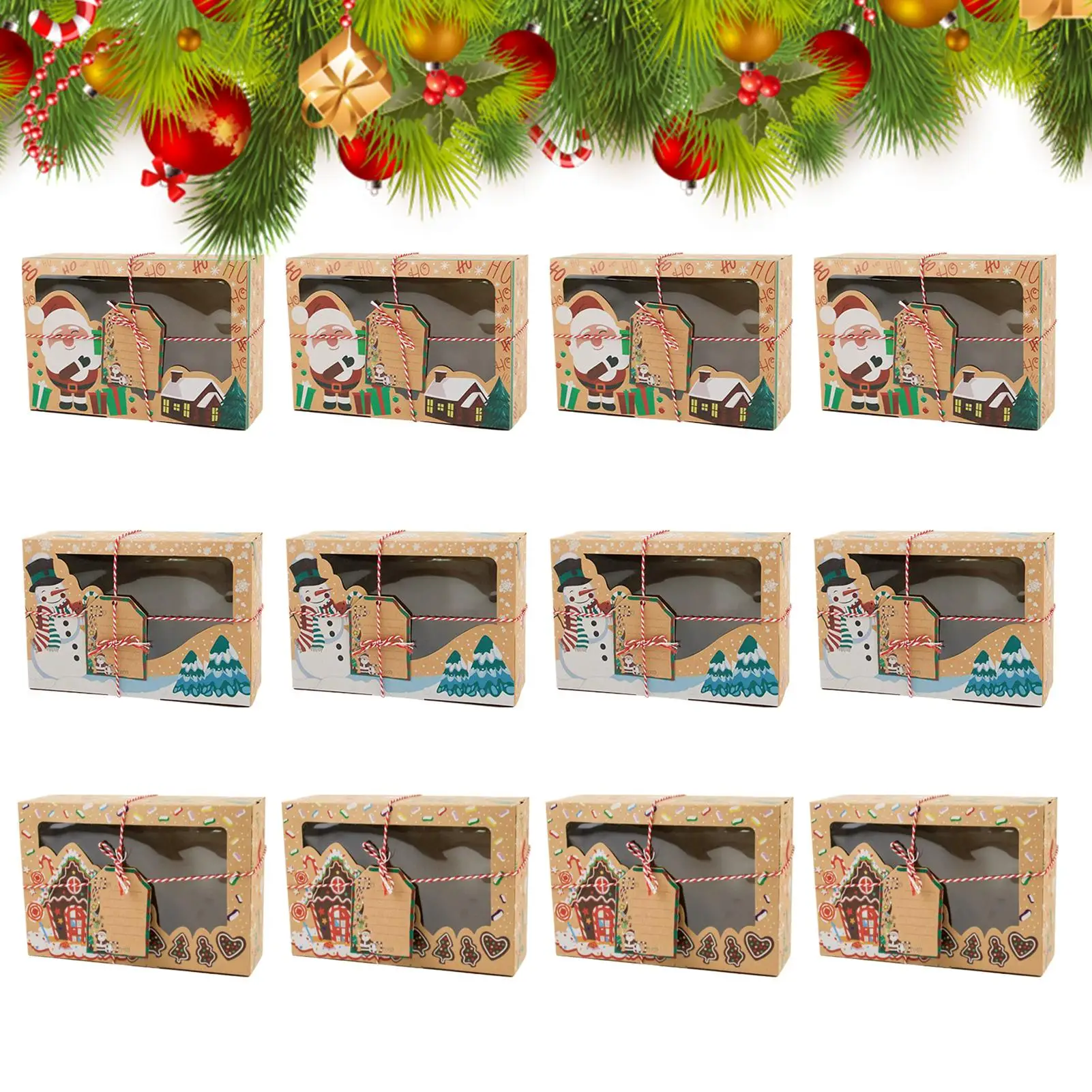 6/12Pcs Christmas Cookie Boxes with Window Candy Storage Christmas Container for Treats for Party Favor Birthday Baking Supplies