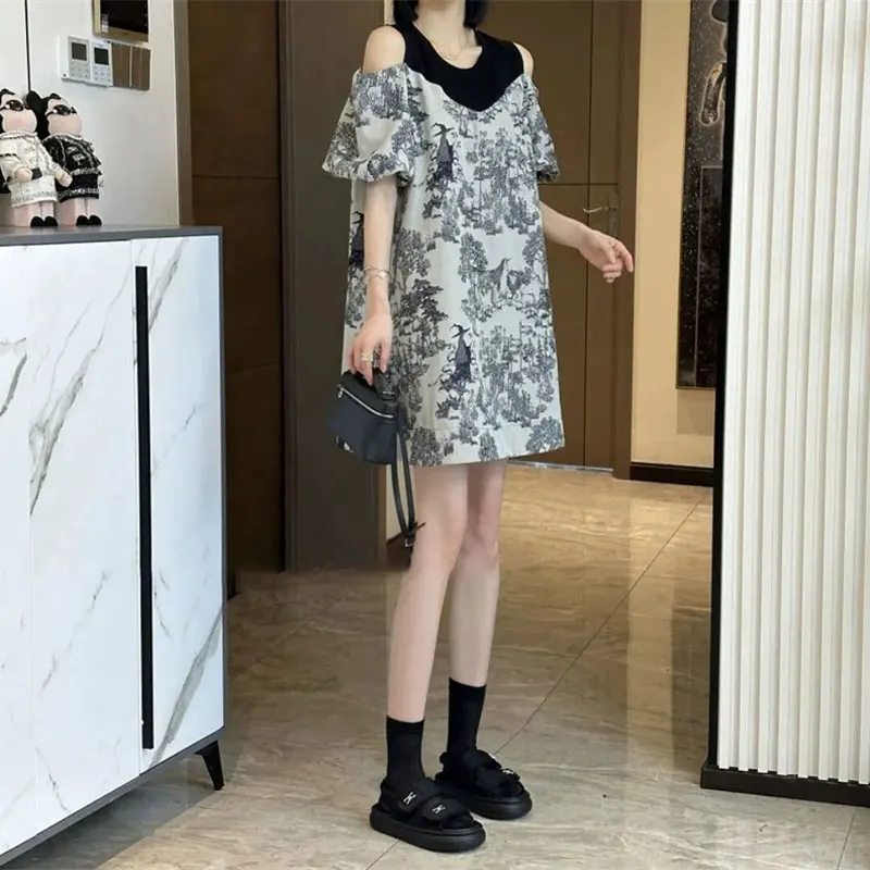 Elegant Vintage Off-Shoulder Spliced A-Line Midi Dress
