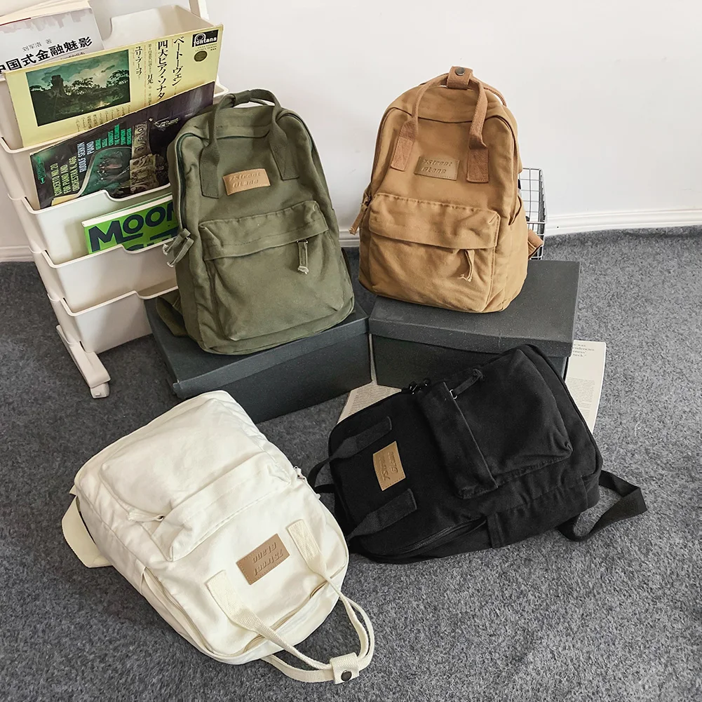 Men Women Vintage Backpack Cotton Canvas Casual College Students Backpack Large Capacity Solid Color Fashion Knapsack