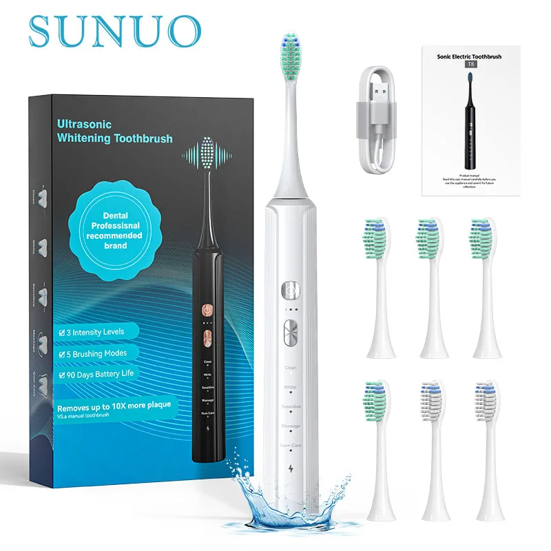 SUNUO Black White Sonic Electric Toothbrushes For Adult 5 Modes USB Charging IPX7 Waterproof Visual Electric Toothbrush