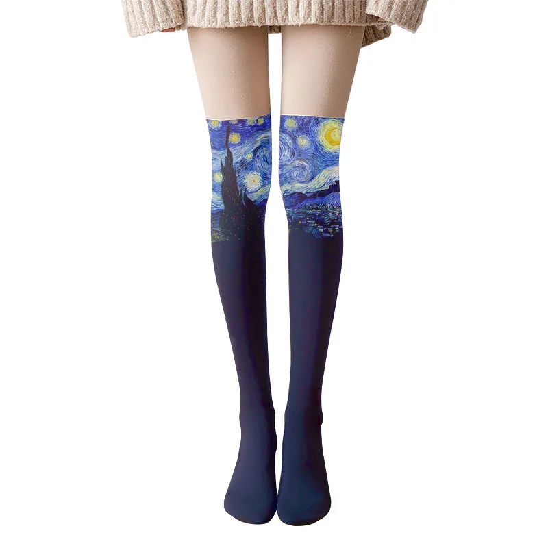 Oil Painting Long Stockings Sunflower Mona Lisa Thigh High Socks For Women Over Knee Cute The Starry Night Thin Legwear Van Gogh