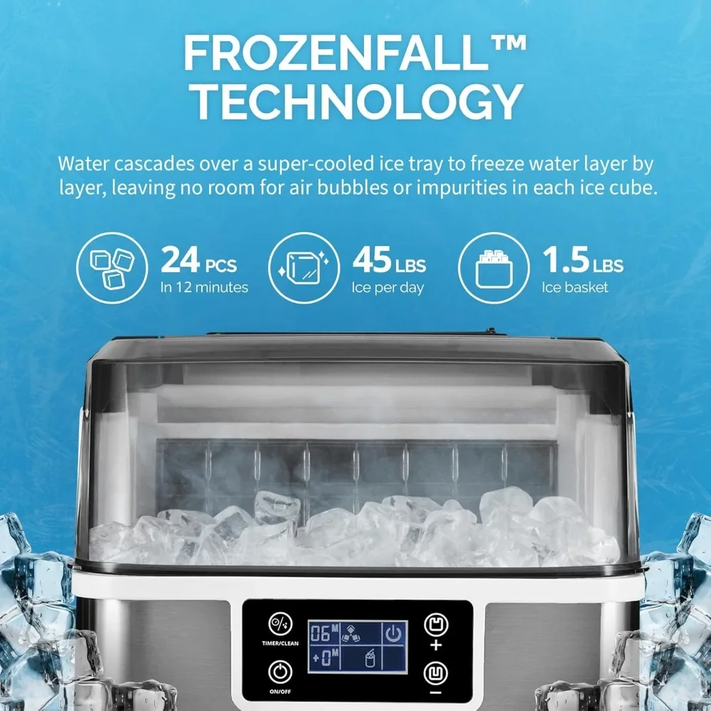 45lbs/Day Ice Cube Machine, Self-Cleaning Function and Ice Thickness, Portable Mak