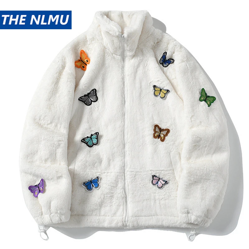 

Hip Hop Fleece Winter Jacket Streetwear Butterfly Cotton Thick Warm Varsity Fuzzy Coat 2023 Harajuku Fashion Jackets Parkas