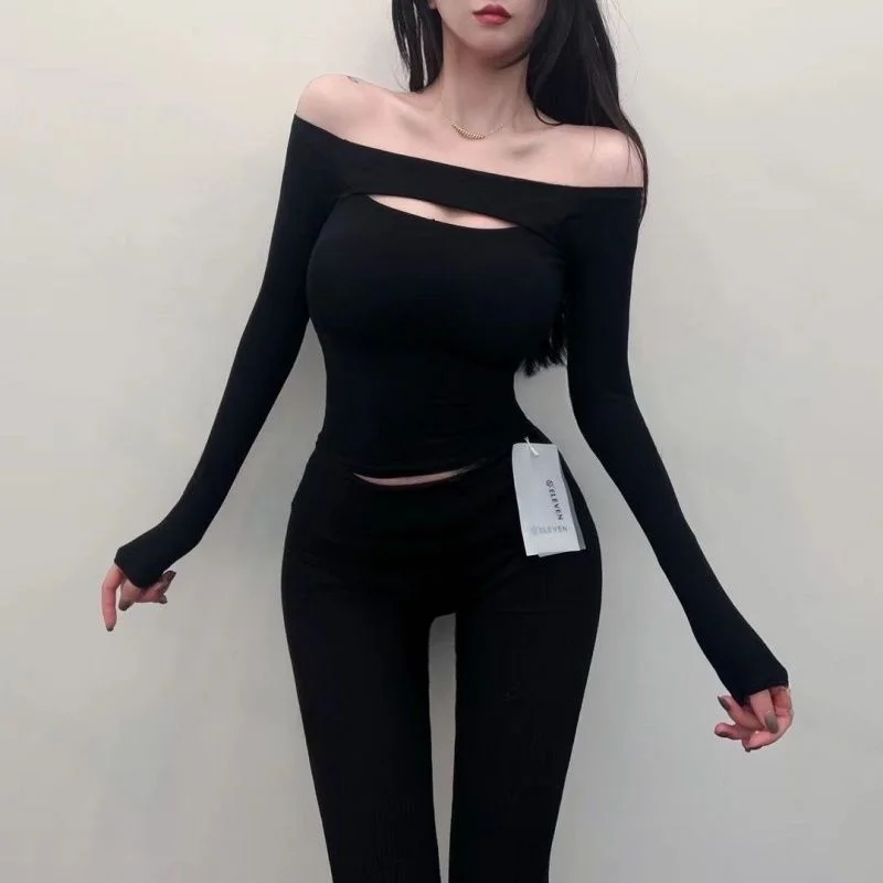 Low Cut Long Sve Hollow out T-irt Slimming Sexy Se Feeling Autumn 2025 Women's Faion Casual Polyester T-irt