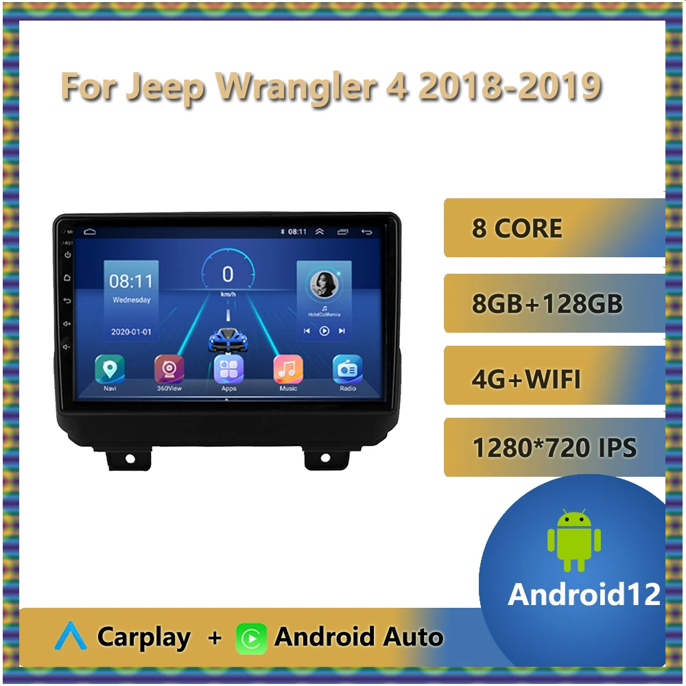 

Carplay Car Radio Multimedia Video DVD Player For Jeep Wrangler 4 2018 2019 Android 12 1280*720P 5G WIFI Mirror Link Bluetooth