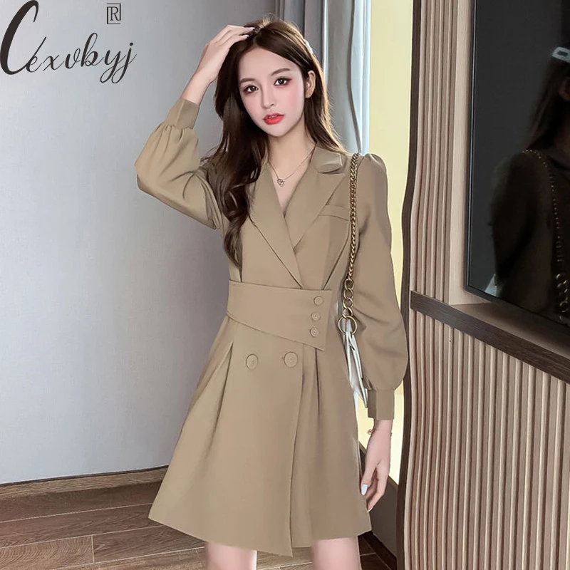 Korean Long Sleeve Dress Women Fall Button Patchwork Notched Collar