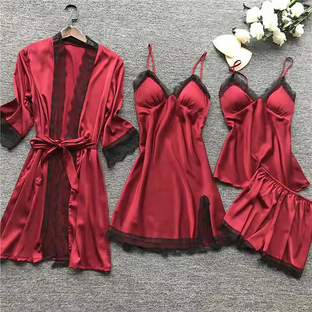 

Lace Splicing Pajama Set Tank Top Pajamas Set Silky Lace Pajamas Set with Spaghetti Strap Top Pleated Cardigan Coat Matching