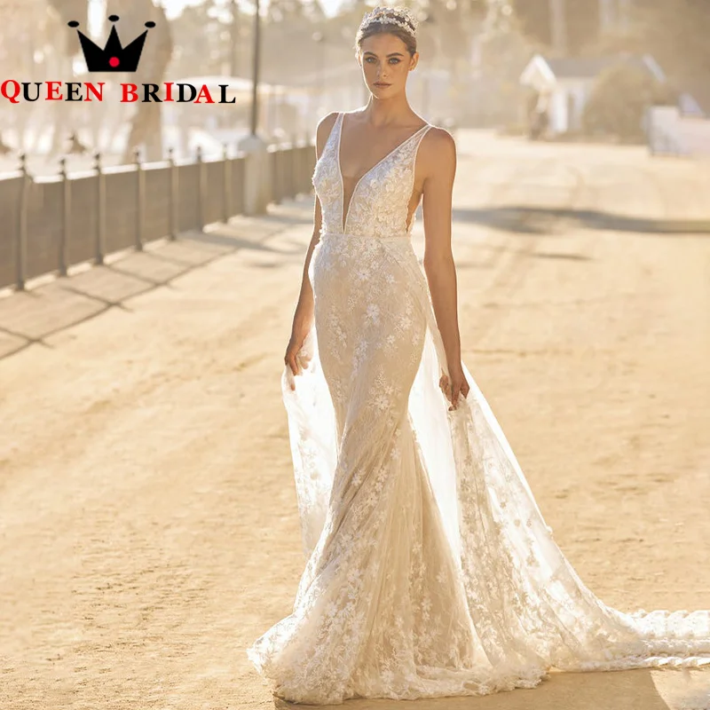 

Sexy Appliques Lace Mermaid Wedding Dresses Deep V Sleeveless Backless Floor Length Bridal Gowns Vestido De Noiva Custom S93Y